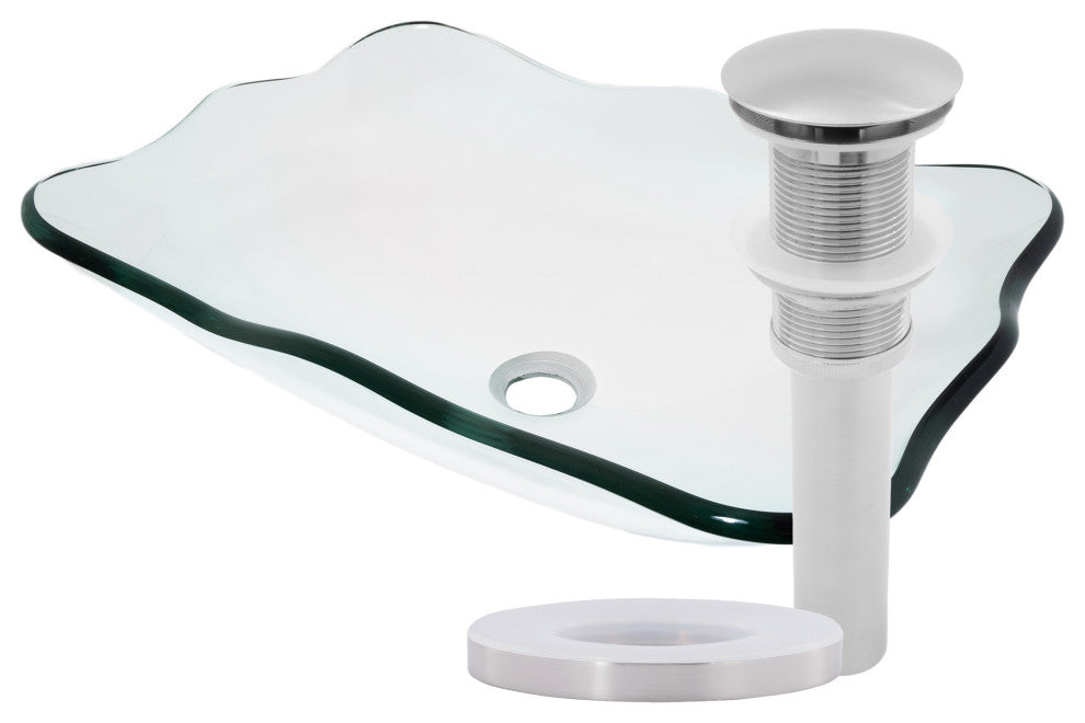 Elegante TIS-317C Clear Scalloped Glass Vessel Bathroom Sink w/ Drain Options, Brushed Nickel