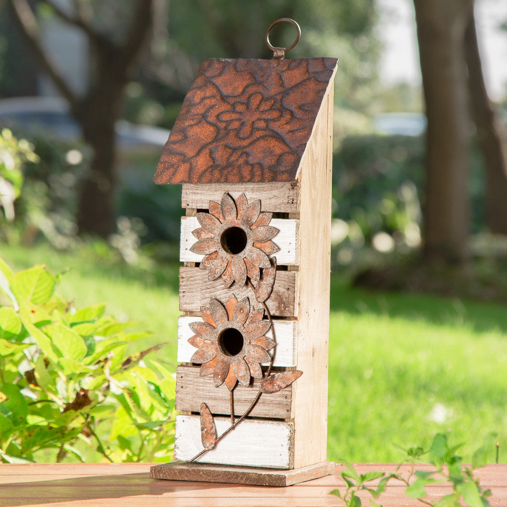 14.5"H Brown/White Two-Tiered Distressed Solid Wood Birdhouse