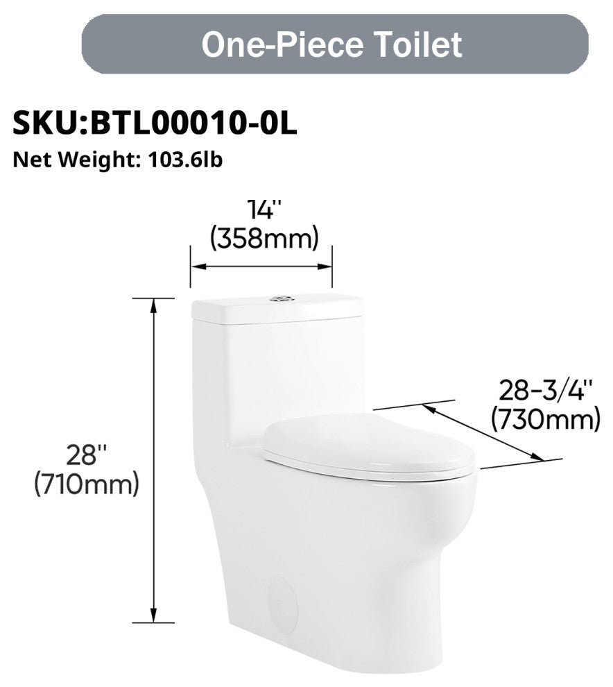 Sinber 28" One Piece Bathroom Toilet with Cotton White Finish and and Dual Flush