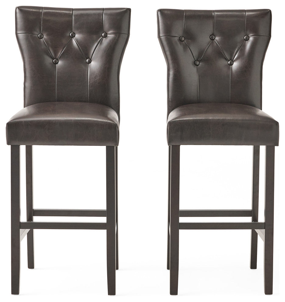GDF Studio Pierre Brown Leather Barstools, Set of 2, Brown Leather, Bar Height