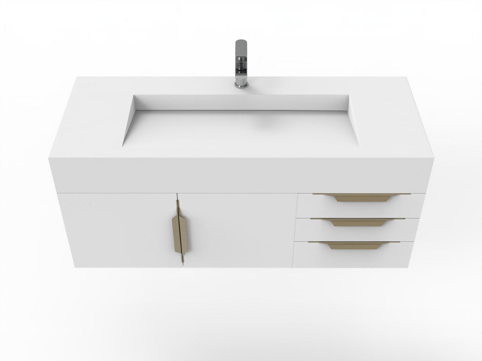 CastelloUSA Nile 48" Wall Mounted Vanity Set, White, White Top, Gold Handles