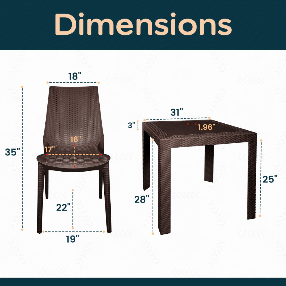 LeisureMod Kent Weave Design 3-Piece Outdoor Patio Dining Set, Brown