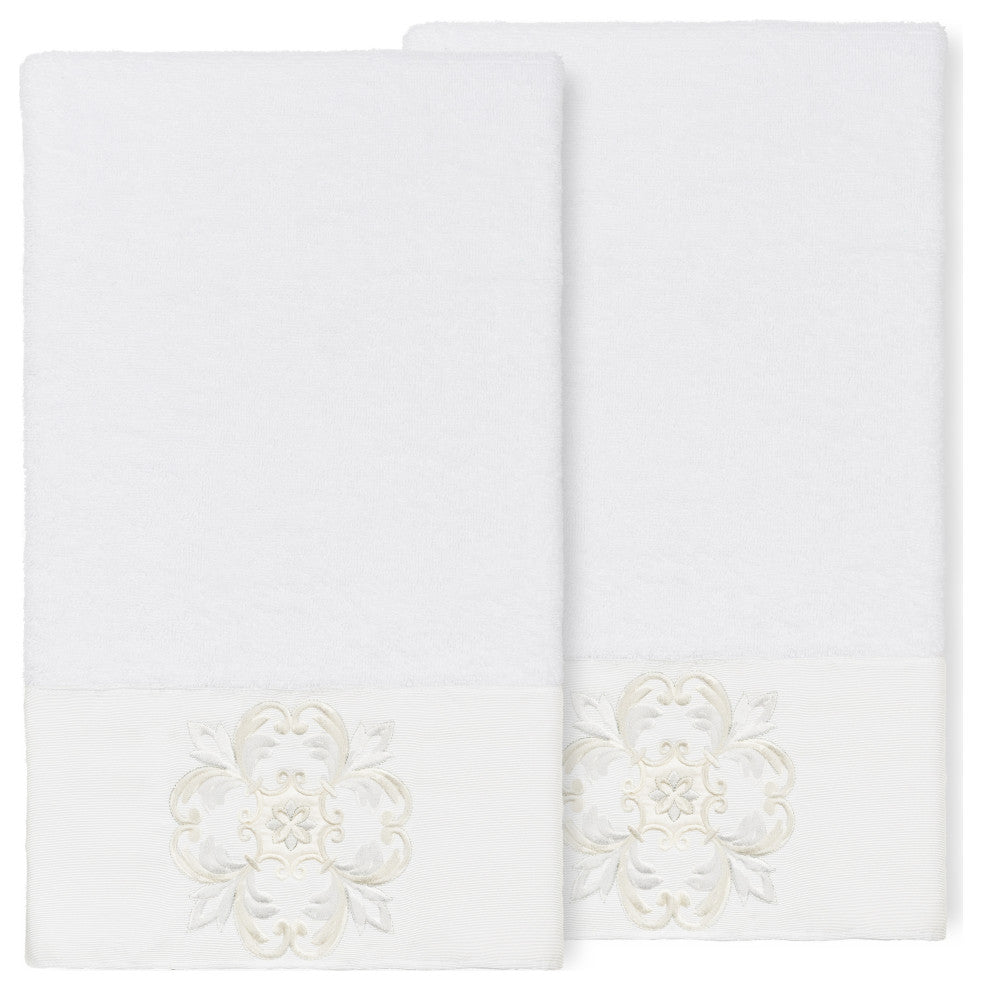 100% Turkish Cotton Alyssa 2-Piece Embellished Bath Towel Set, White