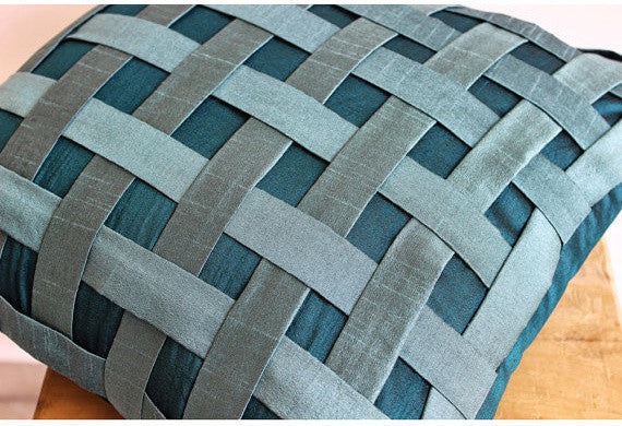 Peacock Green N Teal Basket Weave, Blue 14"x14" Silk Pillowcase