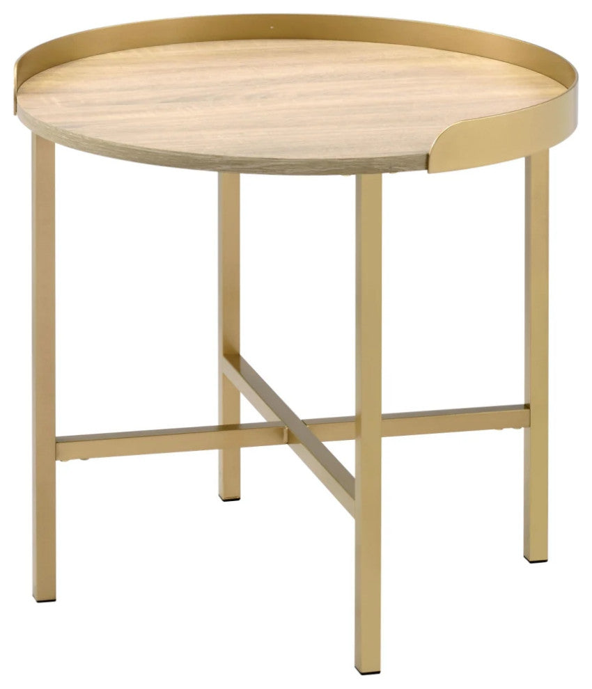 End Table, Oak Table Top with Gold Finish Frame
