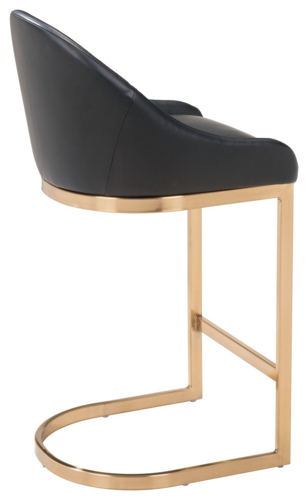 Counter Stool Chair, Faux Vinyl Leather, Steel, Black, Gold, Cafe Bistro