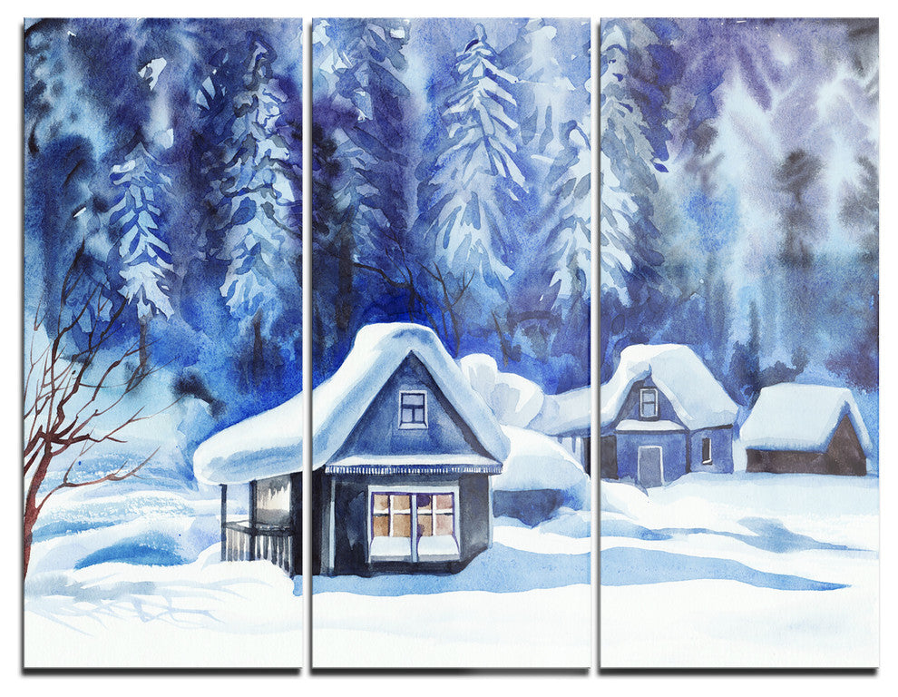 "Blue Winter Cottages" Metal Wall Art, 3 Panels, 36"x28"