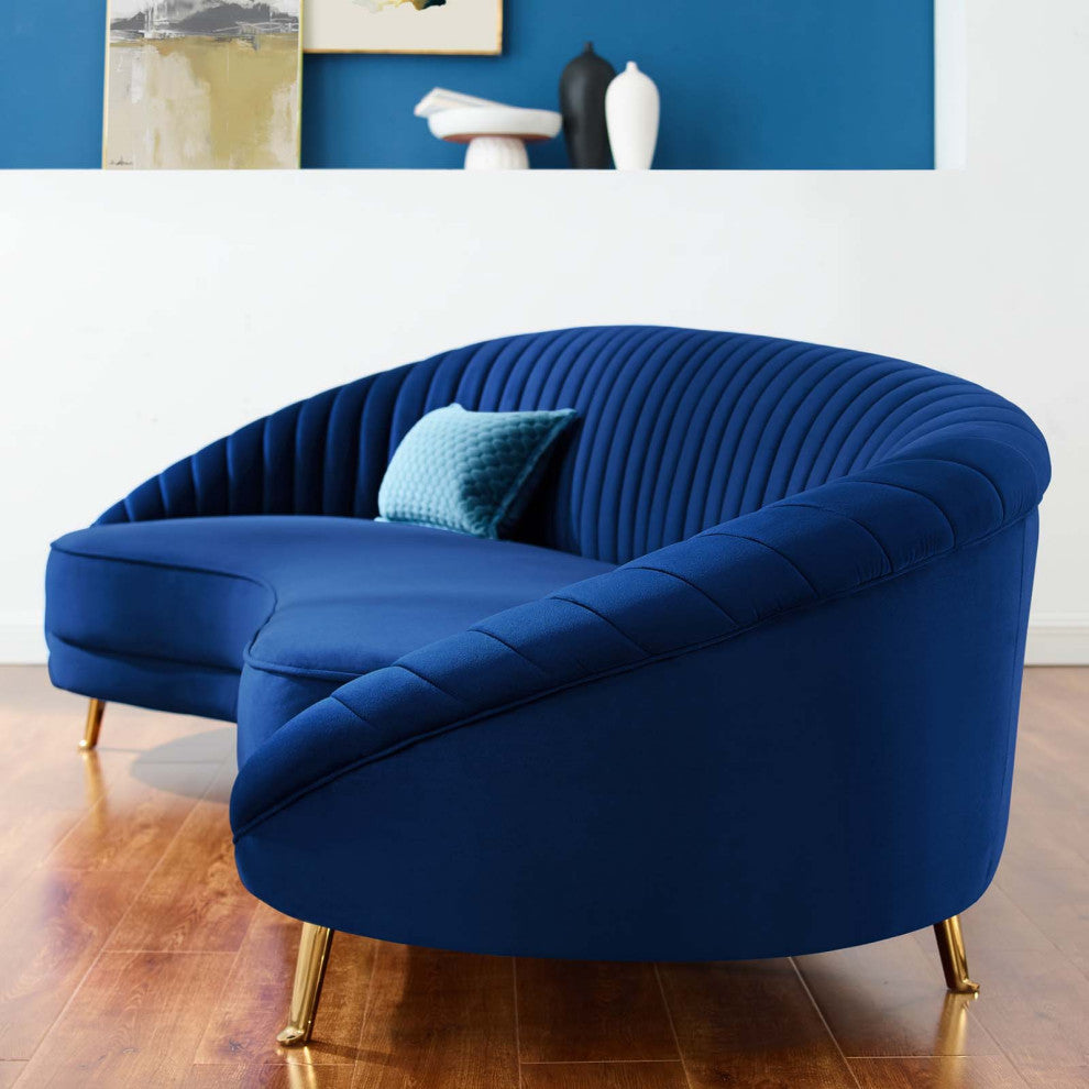 Tufted Sofa, Velvet, Blue Navy, Modern, Living Lounge Hotel Lobby Hospitality