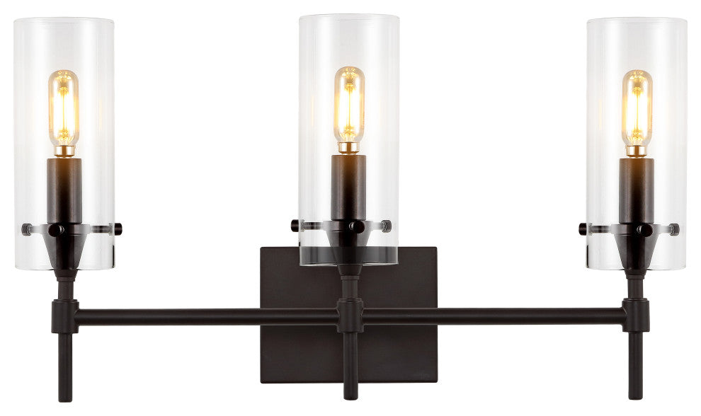 Cato 21.25" 3-Light Modern Farmhouse Iron/Glass Vanity, Oil Rubbed Bronze/Clear