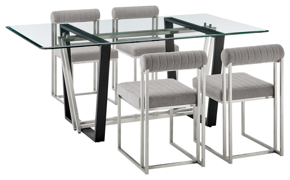 Kai Anastasia Glass Dining Table 5-Piece Set, Light Gray Fabric Chairs