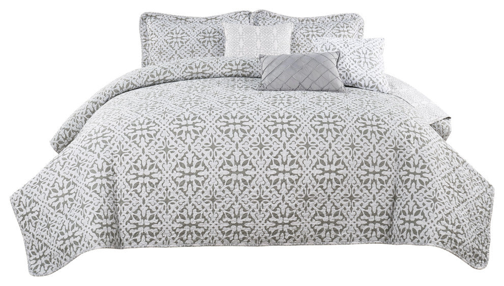 Bellamy Printed Quilted 6-Piece Bed Spread Set, Light Brown/Taupe, King
