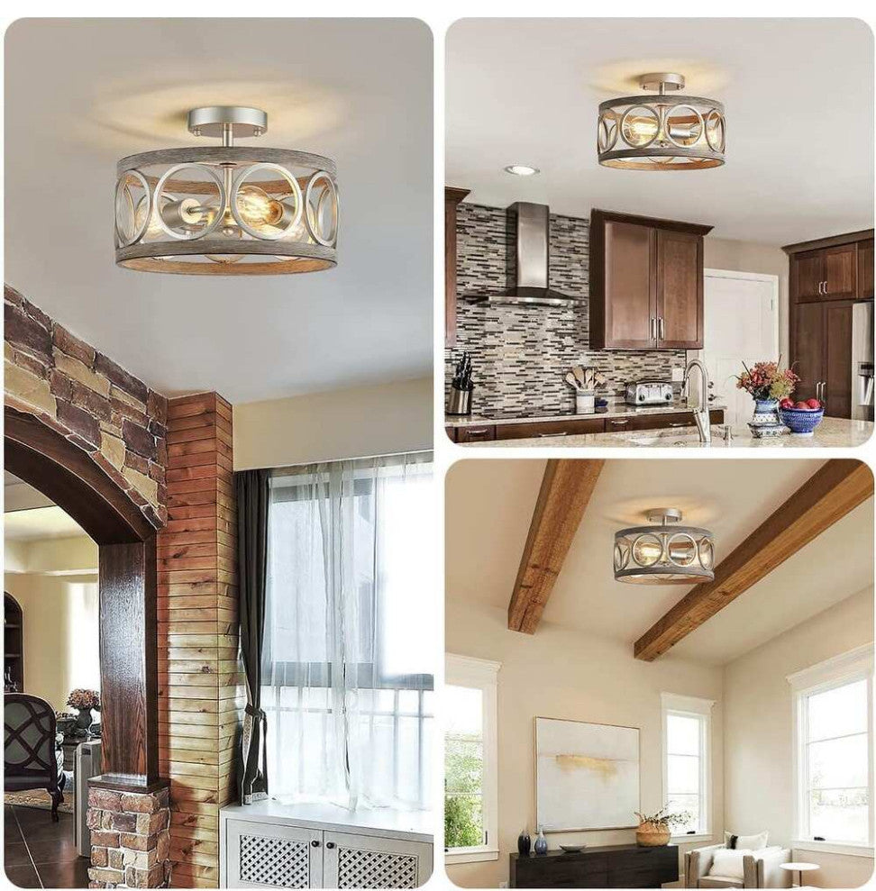 3 Light Semi Flush Mount Ceiling Lighting Fixture, Antique Wood Grain Drum