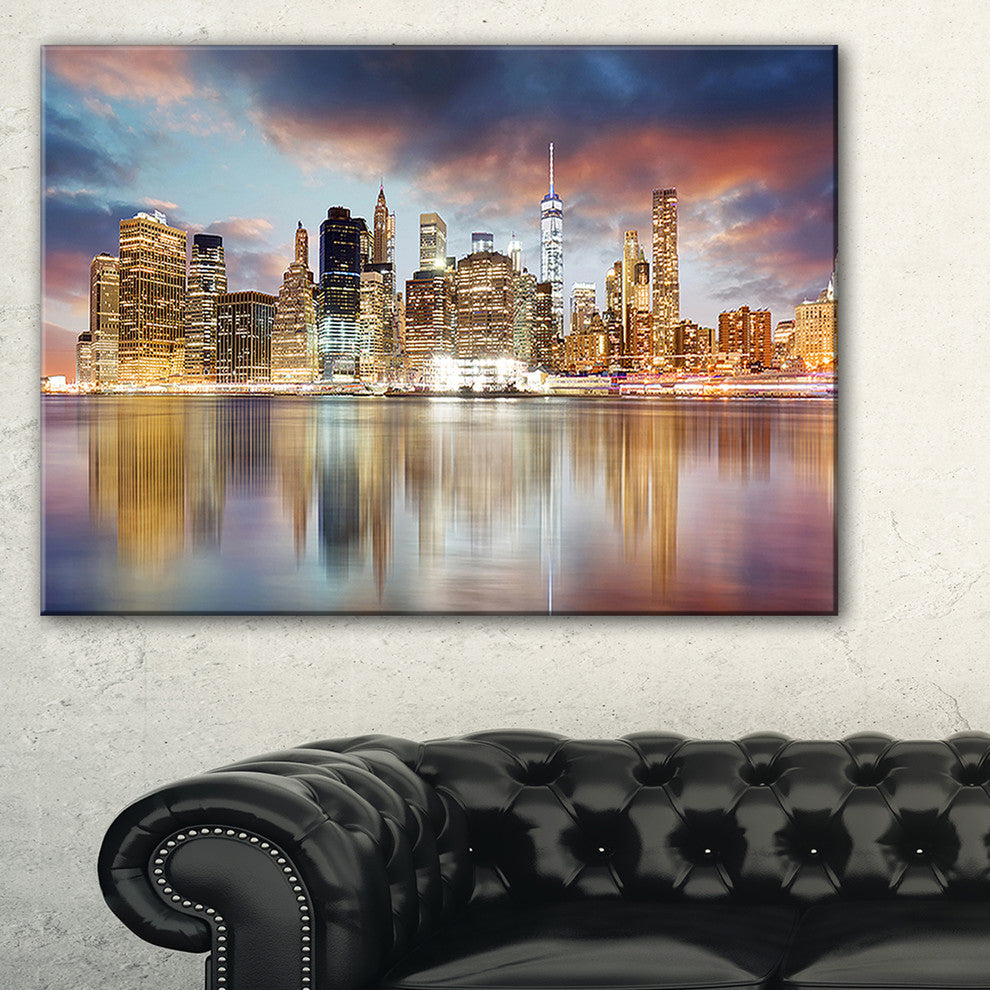 "New York Skyline at Sunrise With Reflection" Art, 32"x16"
