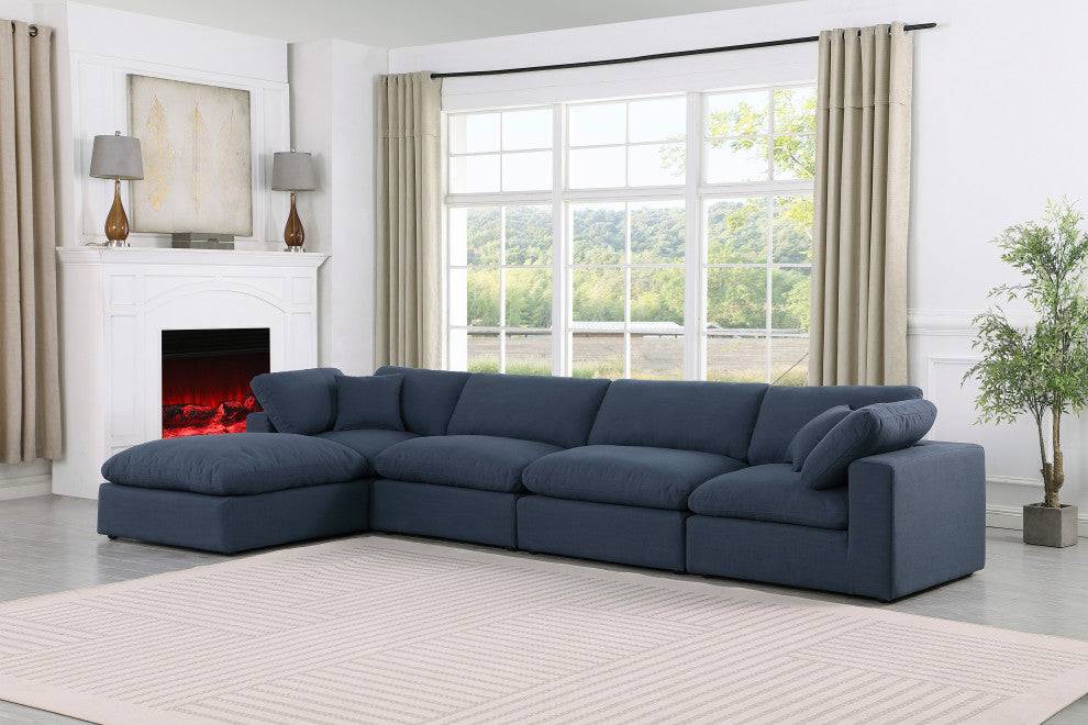 Comfy Upholstered L-Shaped Modular Sectional, Navy, 5-Piece: 2 Armless Chair, 2 Corner Chair, 1 Ottoman, Linen Textured Fabric