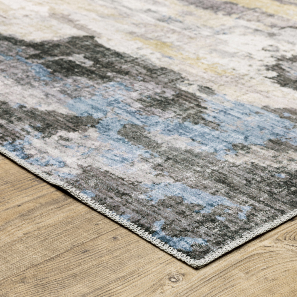 Michaela Machine Washable Distressed Grey/ Blue Area Rug, Ivory, 7'6"x10'