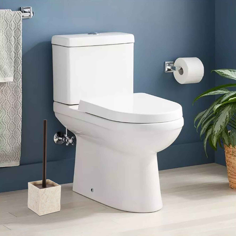 Modern Square Toilet Brush and Holder Set with Black Metallic Handle, Natural