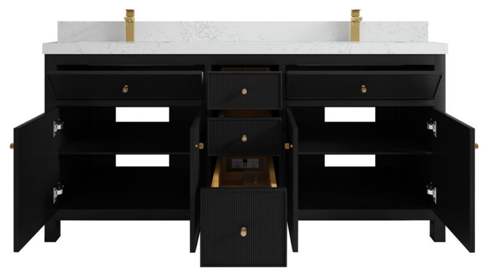 Sonoma 72 Double Sink Reeded Bath Vanity in Black 2" Empira White