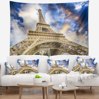 Dramatic Sky over Ground View of Paris Paris Eiffel Tower Wall Tapestry, 39"x32"
