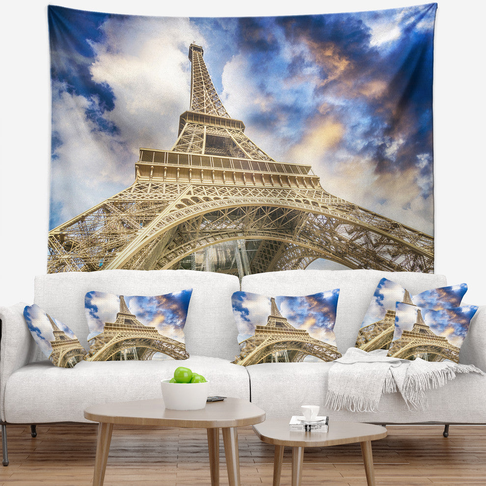 Dramatic Sky over Ground View of Paris Paris Eiffel Tower Wall Tapestry, 39"x32"