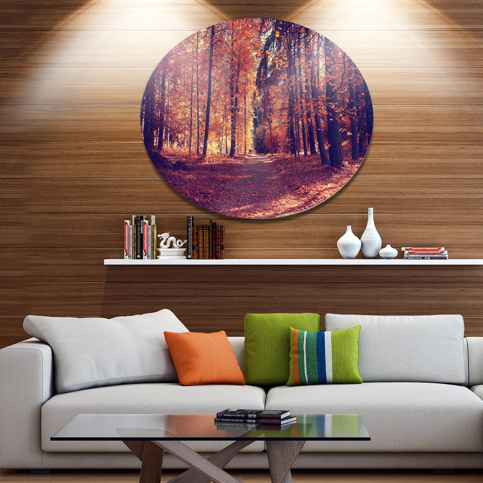 Thick Woods In Colorful Fall Forest, Forest Disc Metal Artwork, 23"