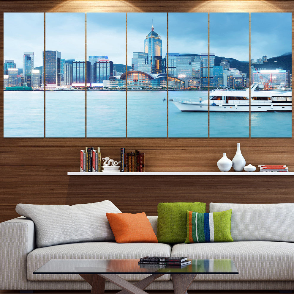 Hong Kong City at Night, Cityscape Canvas Art Print, 83"x32", 7 Panels