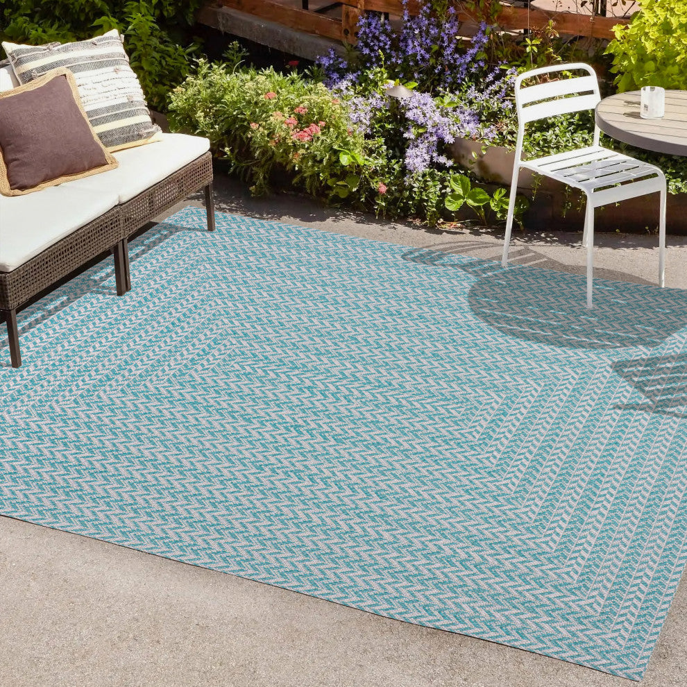 Chevron Modern Concentric Squares Indoor/Outdoor Area Rug, Aqua/Light Gray, 4x6