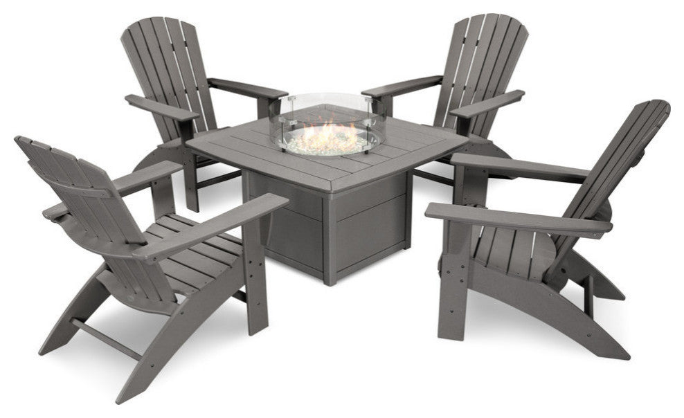 Nautical Curveback Adirondack 5-Piece Conversation Set With Fire Table, Slate Gray