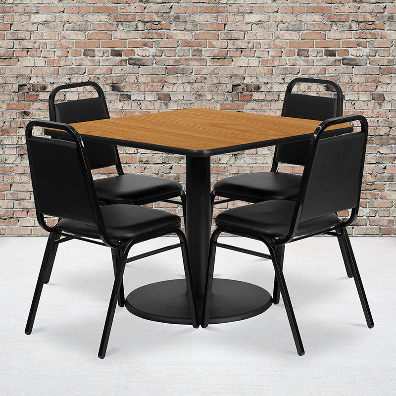36" Square Mahogany Laminate Table Set With 4 Black Trapezoidal Back Chairs
