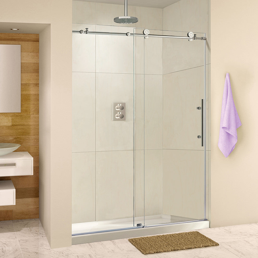 WoodBridge Frameless Brushed Stainless Steel Sliding Shower Door, 56"-60"x76"