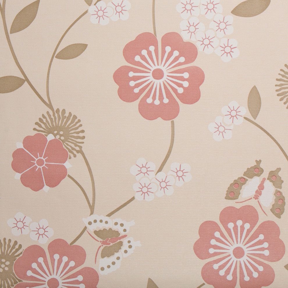 Flowers and Butterflies Wallpaper, Tan