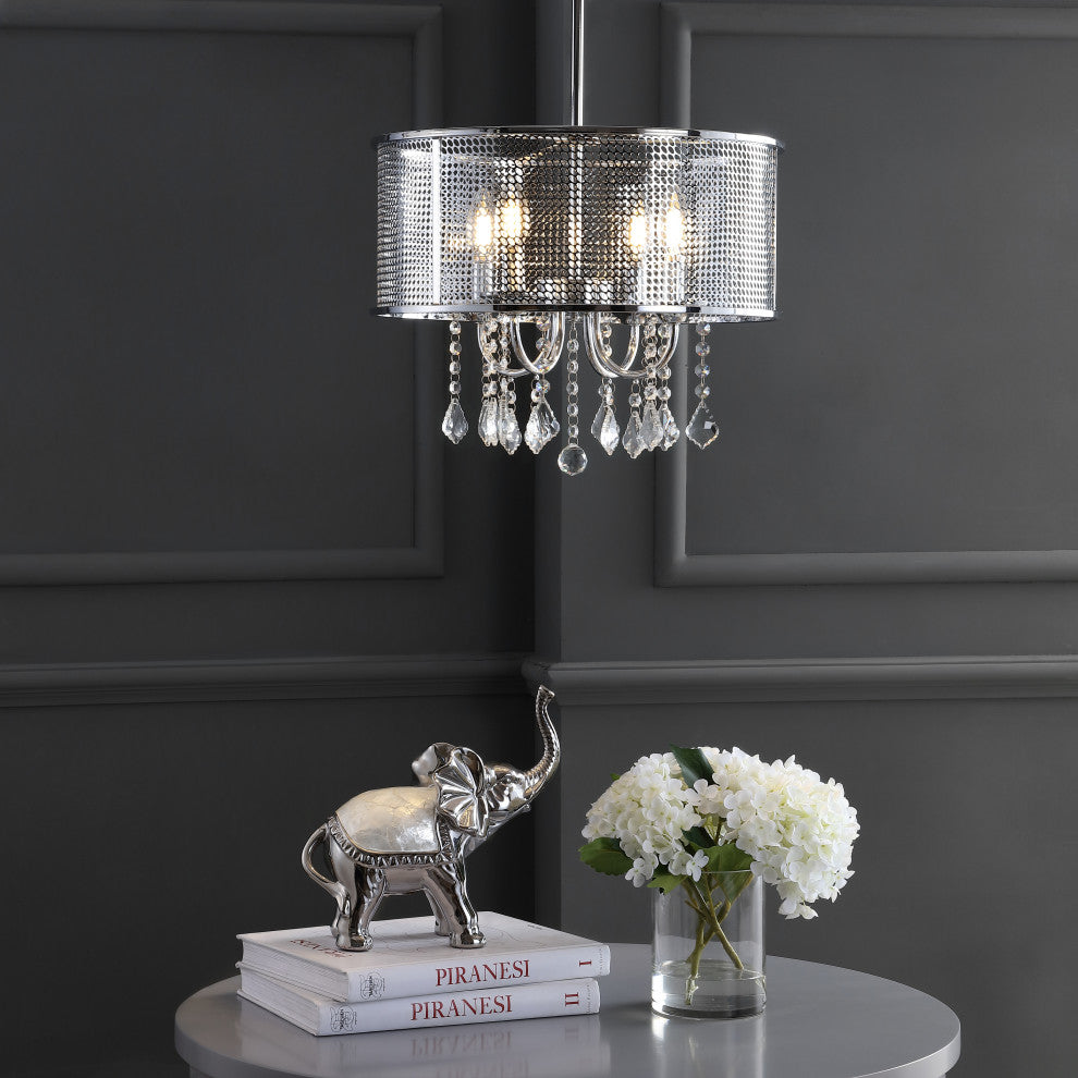 Avah Metal and Crystal Adjustable LED Drop Pendant, Chrome, 17