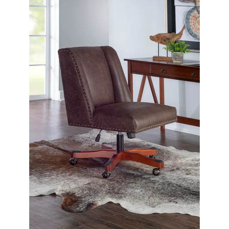 Transitional Office Chair, Padded Seat With Nailhead, Brown Faux Leather