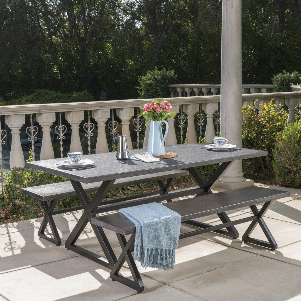 GDF Studio 3-Piece Rosarito Outdoor Aluminum Picnic Set With Black Steel Frame