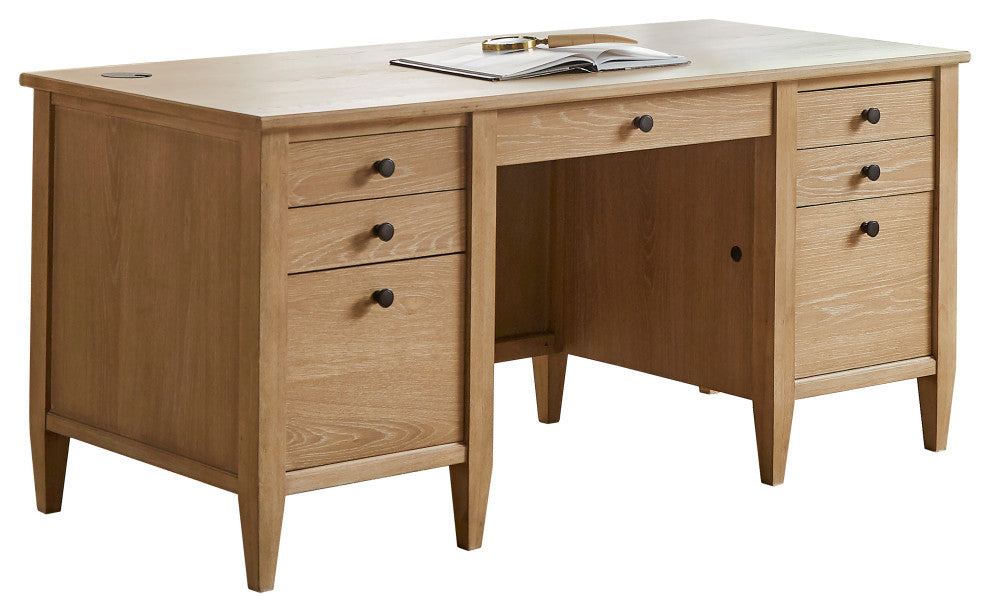 Modern Wood Double Pedestal Desk, Wood Office Desk, Fully Assembled, Light Brown