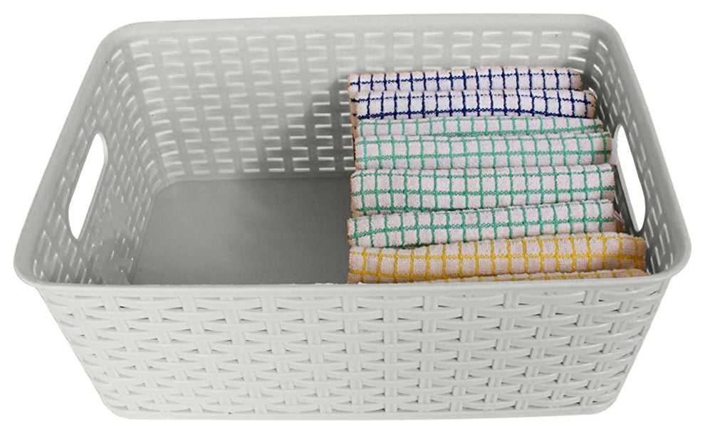 Plastic Rattan Storage Box Basket Organizer, White, Medium-Pack of 1