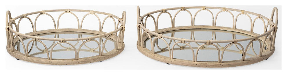 Leona Brown Wicker Mirrored Base Nesting Trays, Set of 2