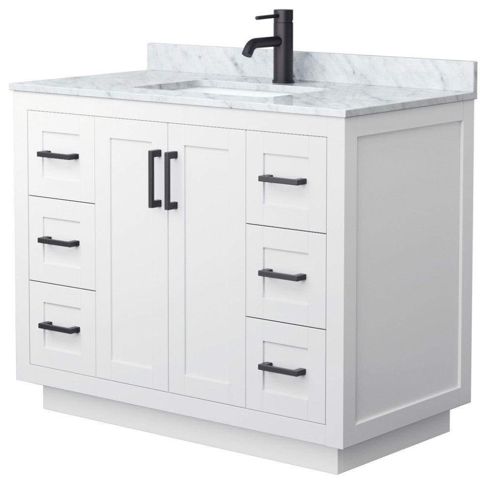 42" Single Bathroom Vanity, White, White Carrara Countertop, Sink, Black Trim