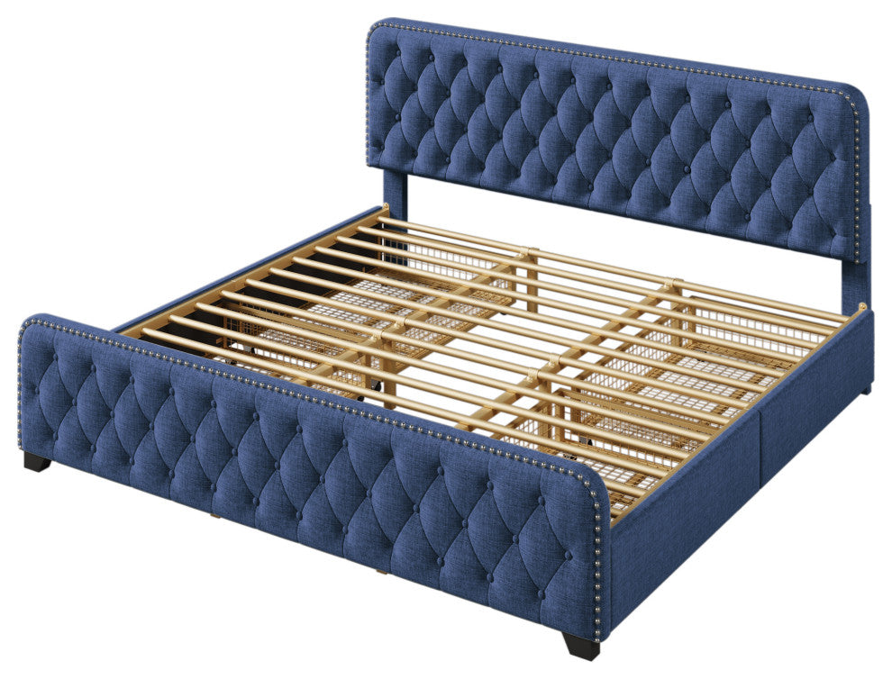 Metal Platform Bed with Headboard, Upholstered and 4-Drawer, Blue, 84.6" X 79.5"