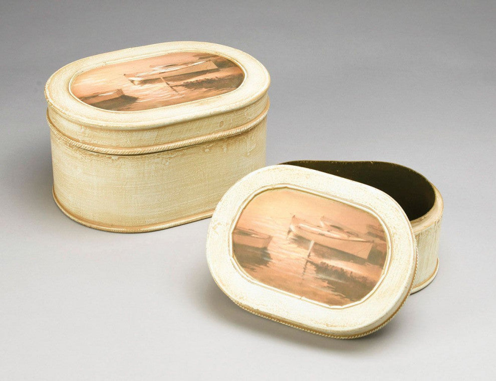 Danbury Resin Row Boat Design Decorative Box, Cream/Brown, 2-Piece Set