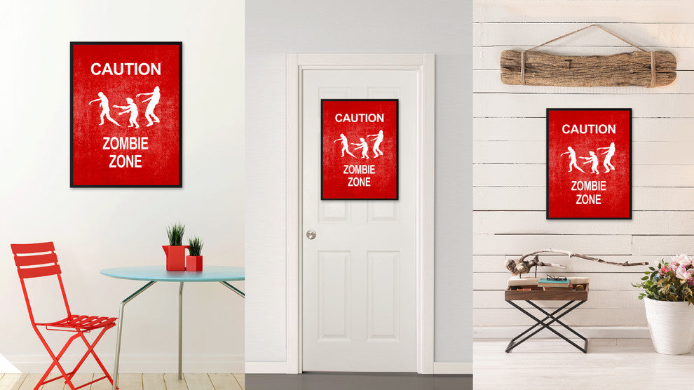 "Caution Zombie Zone" Sign Red Print on Canvas with Picture Frame, 13"x17"