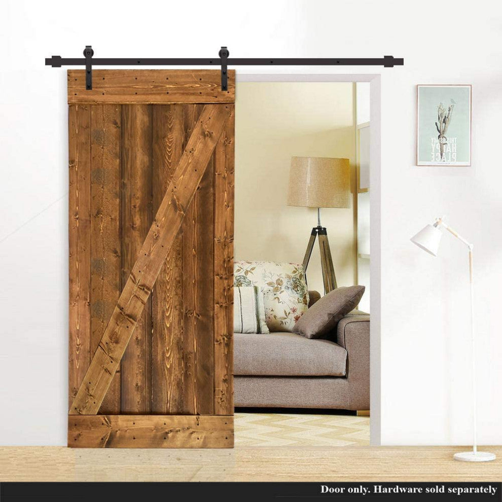 Stained Solid Pine Wood Sliding Barn Door, Walunt, 24"x84", Z Bar