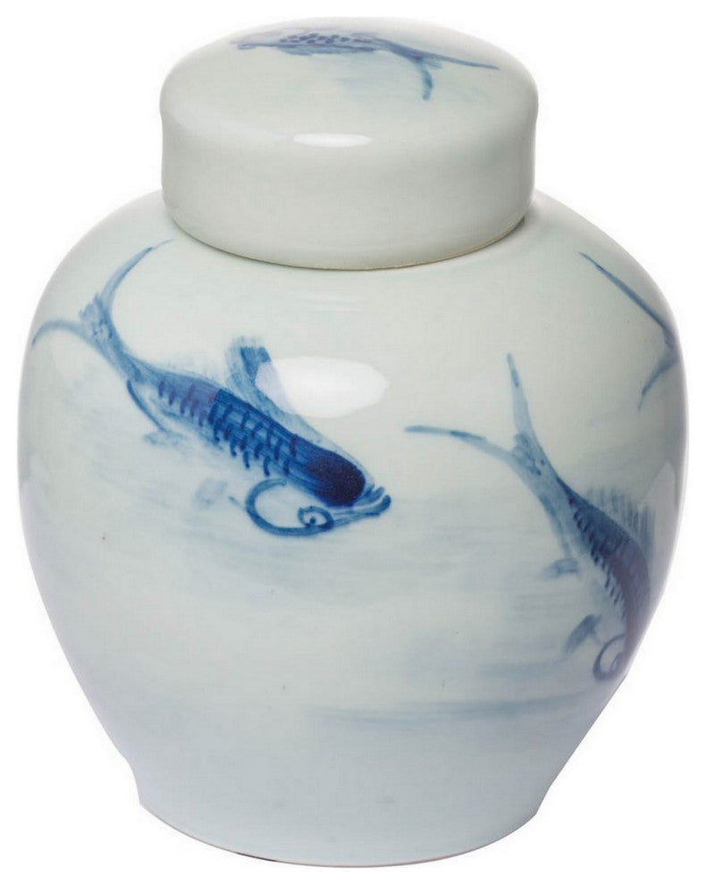 Benzara BM286405 8" Lidded Ginger Jar, Painted Koi Fish, White Blue 2-Piece Set
