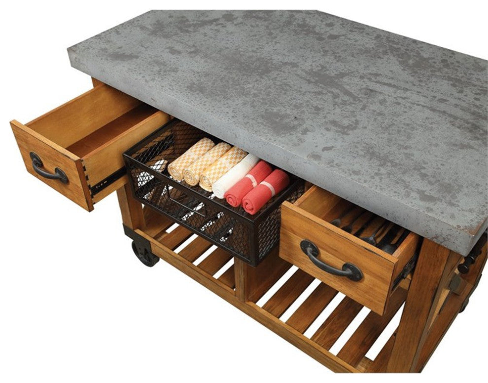 ACME Kailey 2-Drawer Wooden Kitchen Cart with 2 Shelves in Antique Oak