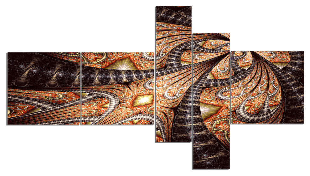 Brown Symmetrical Fractal Flower, Abstract Canvas Art Print, 60"x32", 5 panels