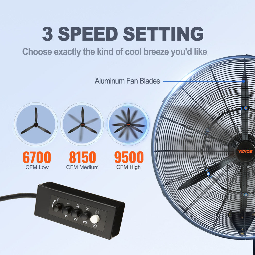 VEVOR Industrial Wall Mount Fan Oscillating Metal Fan 3 Speed, 30"œ Waterproof
