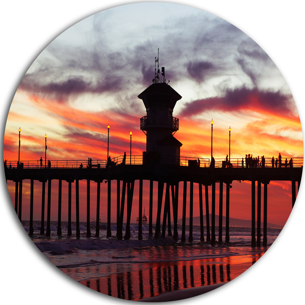 Pier California At Sunset With Clouds, Seascape Disc Metal Artwork, 11"
