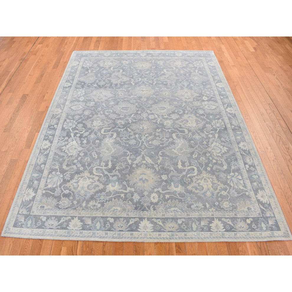 Battleship Gray Hand Knotted Oushak Influence Pure Silk With Wool Rug 8'1"x10'