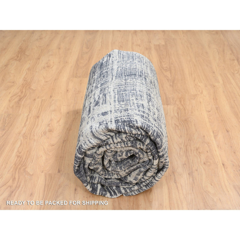 Black, Modern Erased Lines Design, Wool and Silk Hand Loomed Rug, 10'0"x13'9"