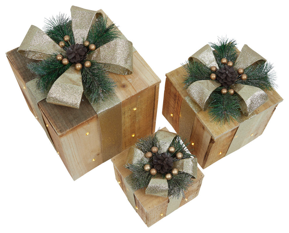 3-Piece Wooden Gift Box Christmas Decor with LED Lights, Gold