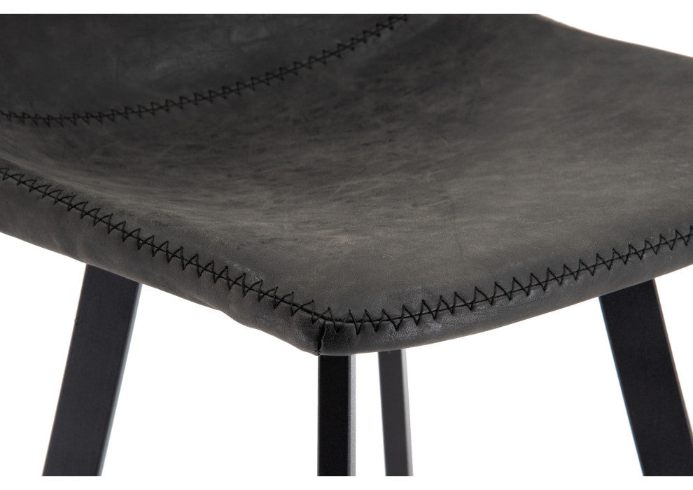 LeisureMod Elland Modern Leather Bar Stool Iron Legs Set of 2, Charcoal Black